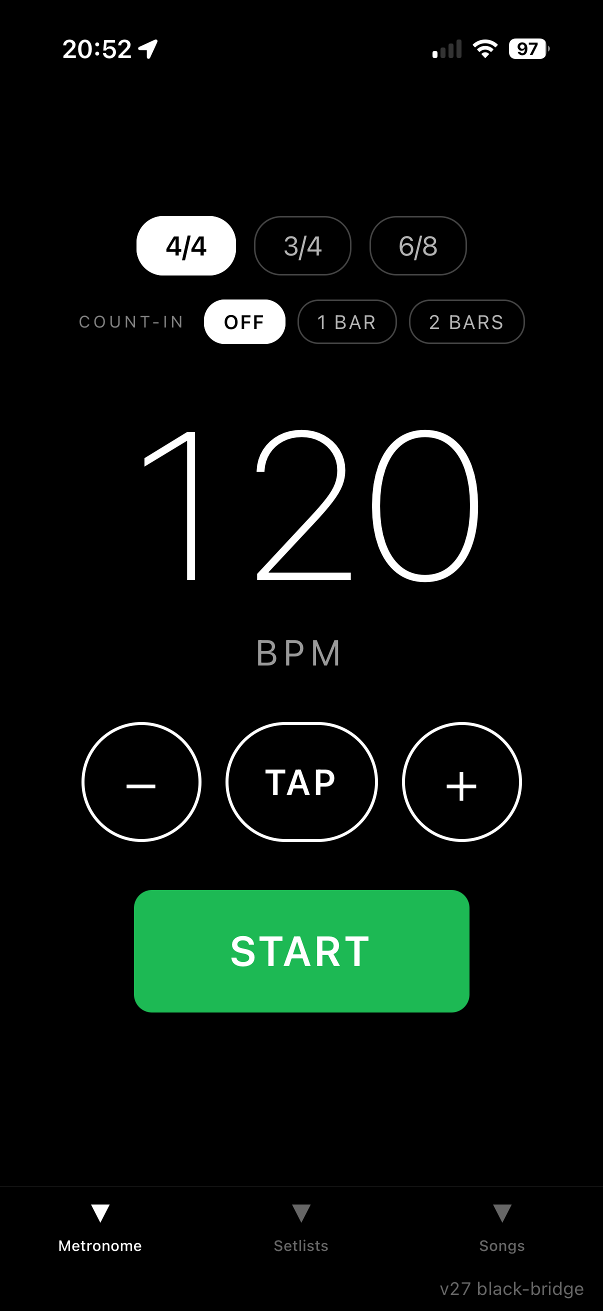 The Metronome tab: 4/4 time, count-in off, 120 BPM, with TAP and START controls.